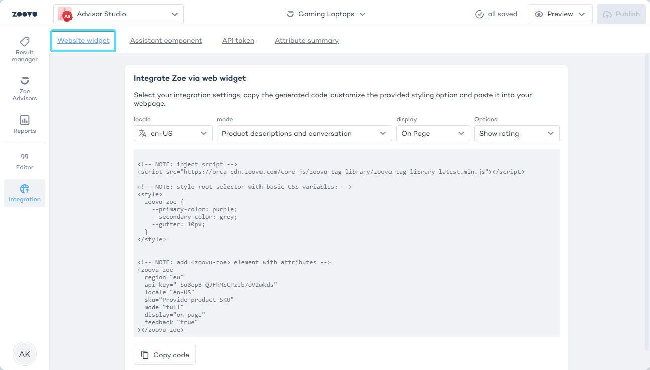 Zoe integration: Website widget
