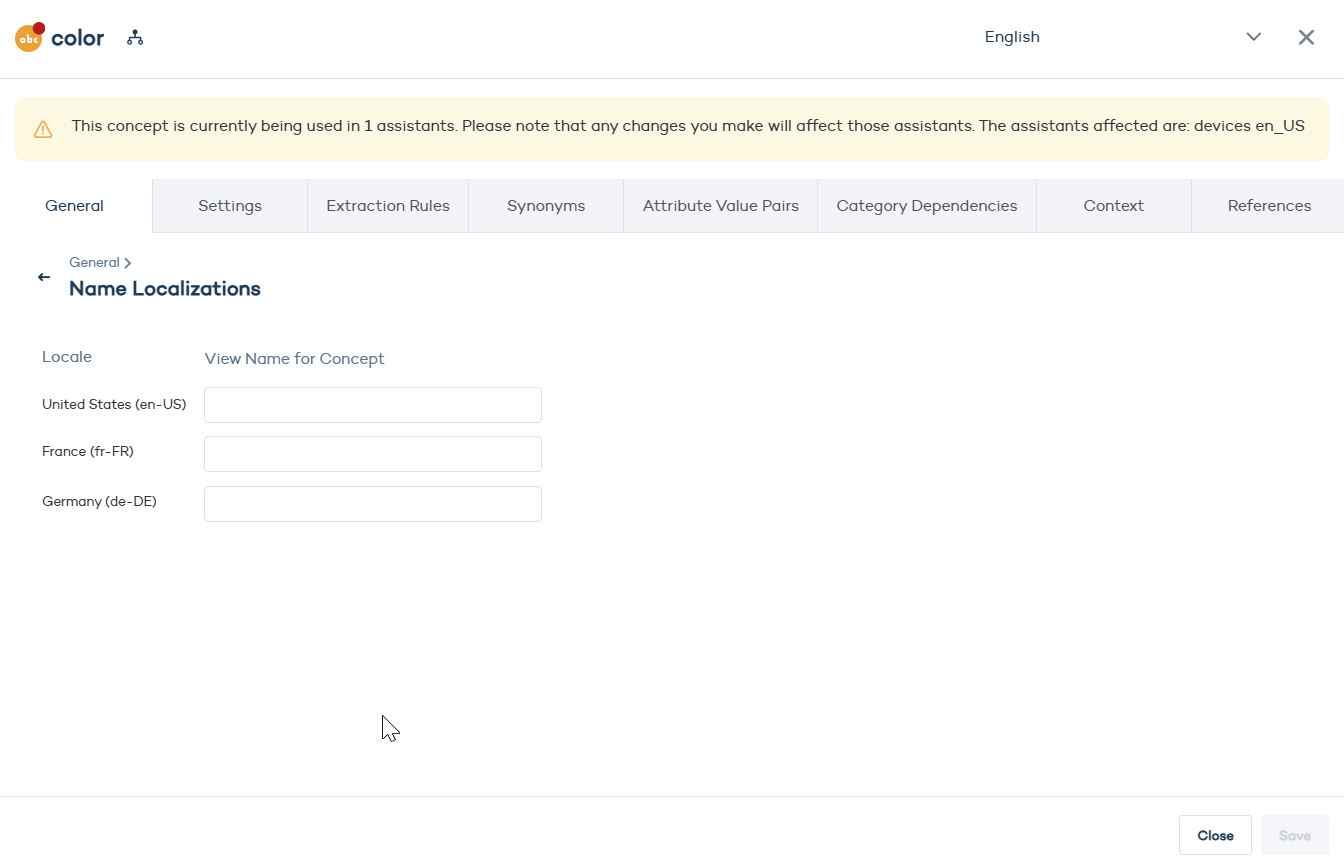 Localizations panel showing locale fields