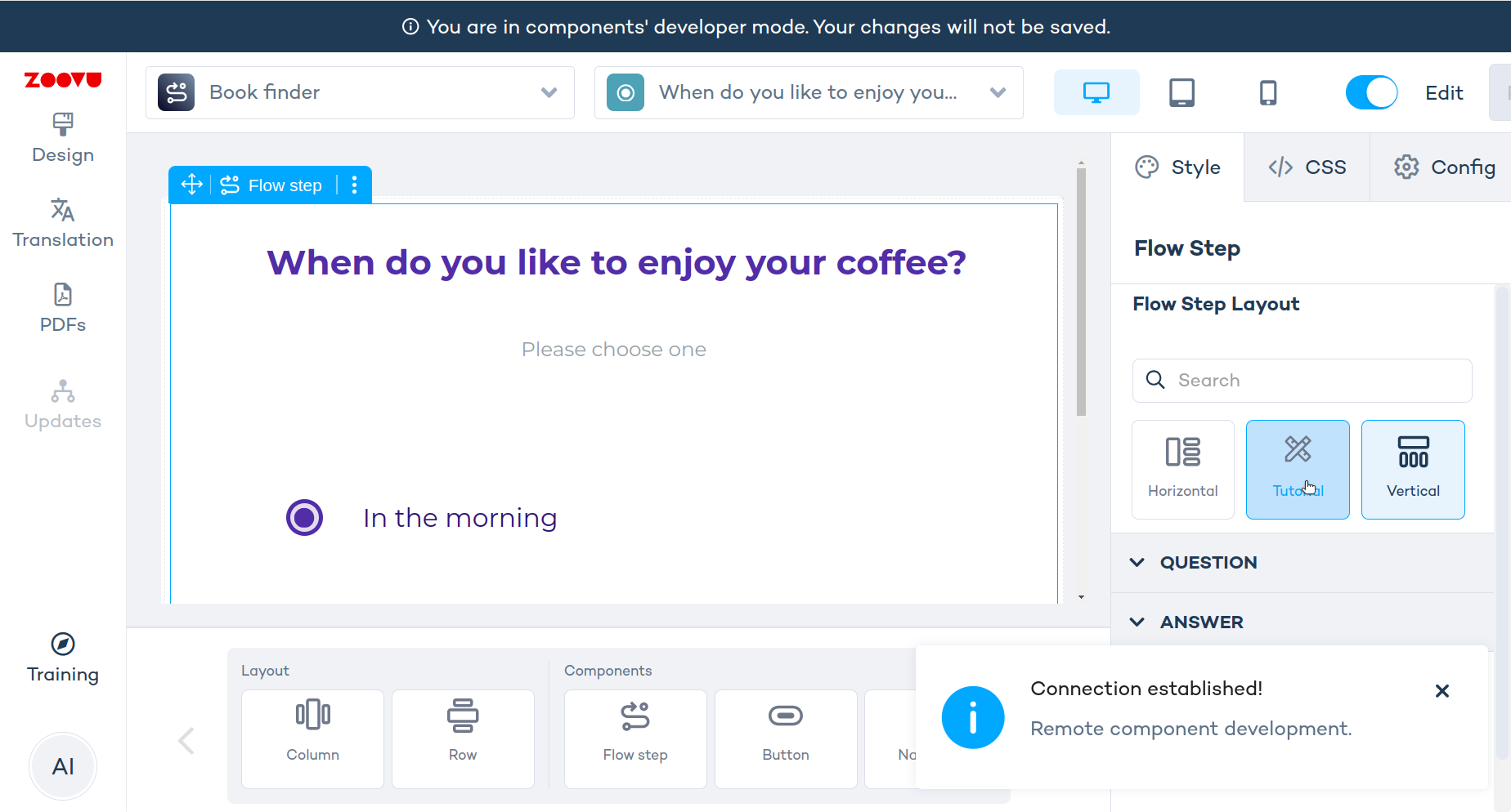 Select "Flow Step" component from bottom Components' drawer