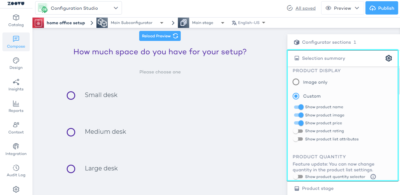 Selection summary settings